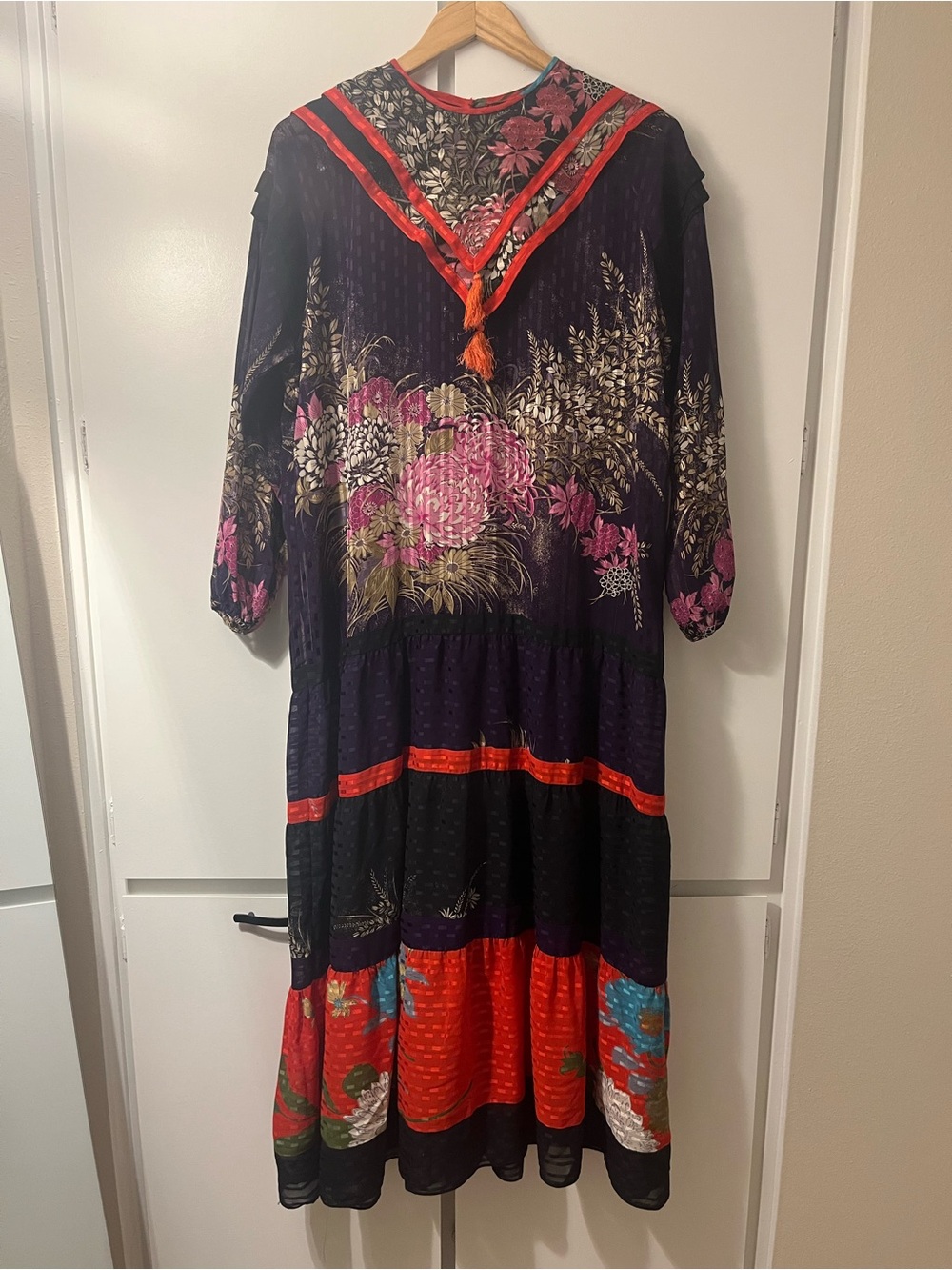 Vintage Sheer Purple Floral Maxi Dress with Pink Blooms and Red Trim - Picture 2 of 5